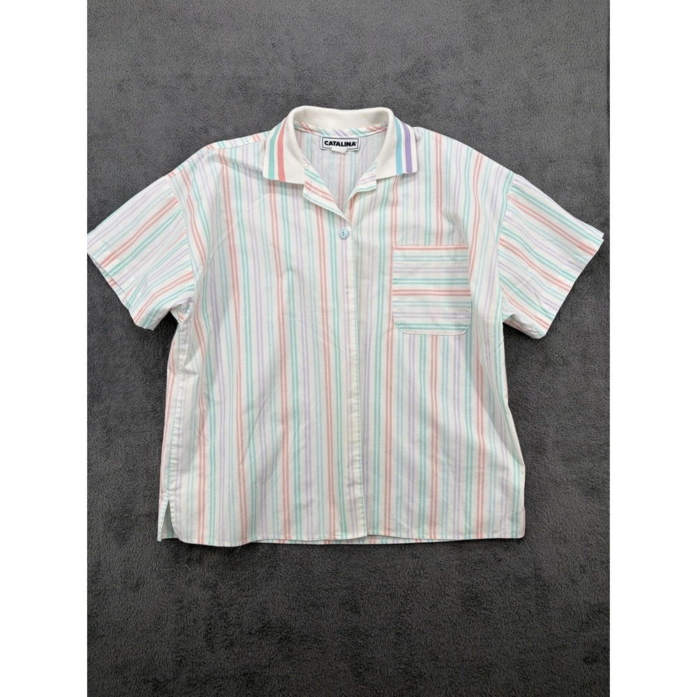 VNT Catalina Striped Cotton Blend Short Sleeve Button Up L